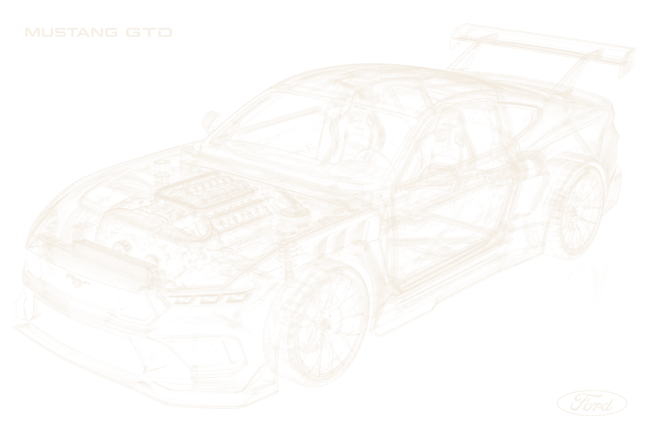 Cutaway wireframe of the Mustang GTD: its supercharged V8, roll cage, racing seats, suspension and rear wing seen through the body.