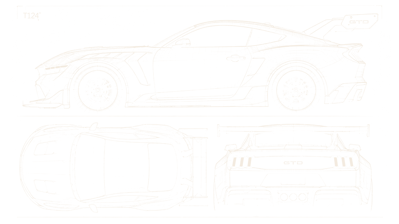 Wireframe side, top and rear views of the Mustang GTD.