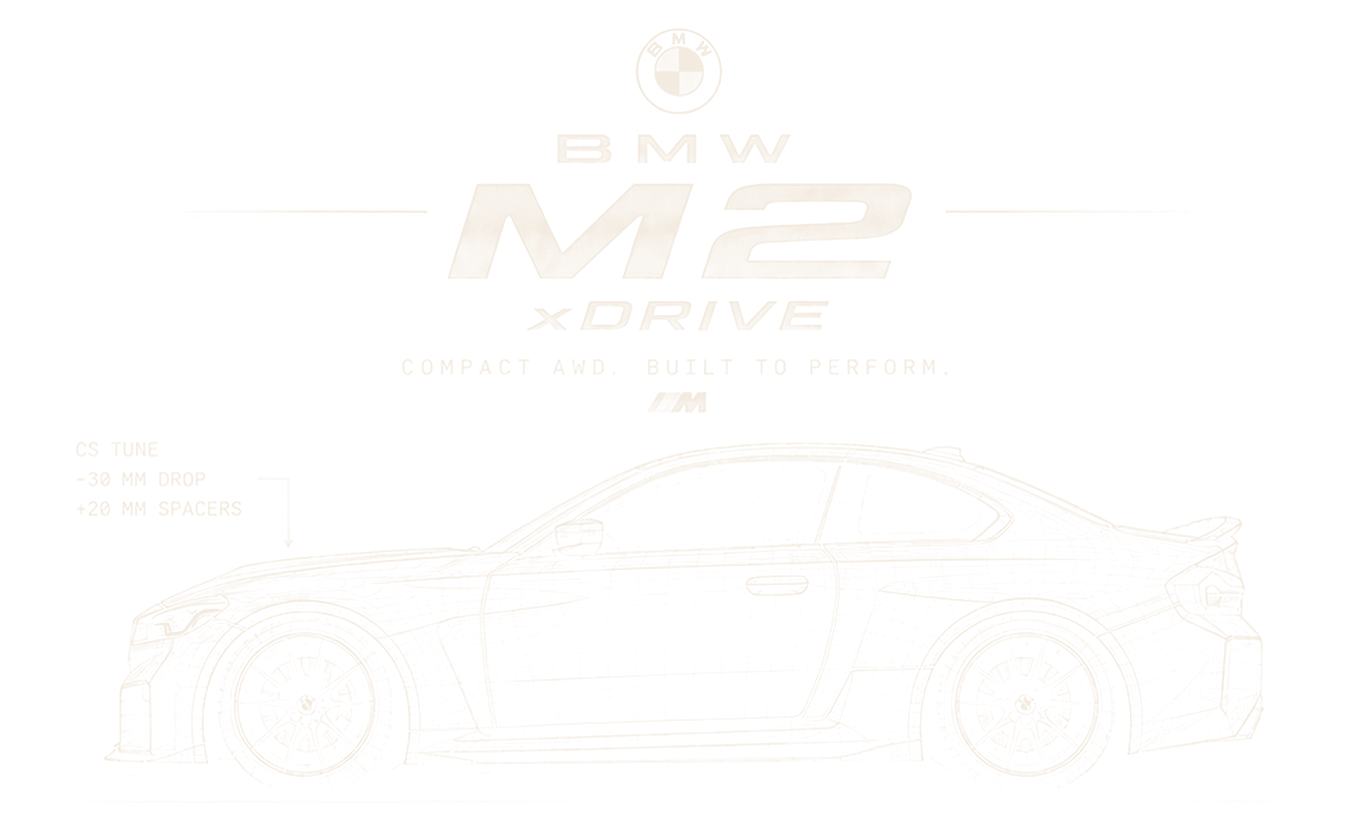 Wireframe side view of a BMW M2 xDrive with its CS tune notes: a 30 mm drop and 20 mm spacers.