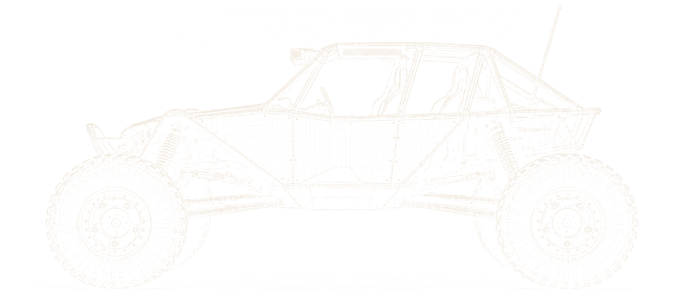 Wireframe side view of Rockspyder, the studio's rock crawler: tube roll cage, light bar, antenna, long-travel suspension and oversized tyres.