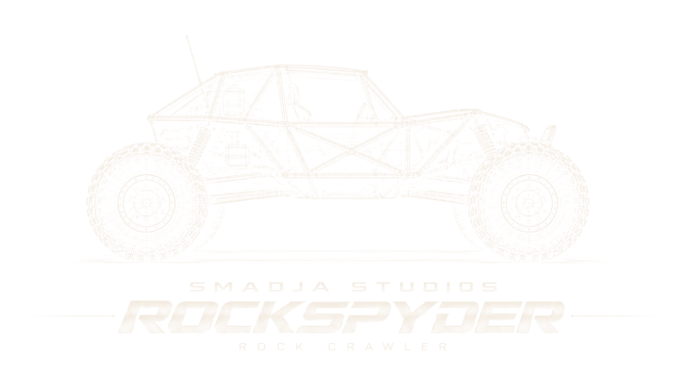 Wireframe side view of Rockspyder, the studio's rock crawler, under its Smadja Studios Rockspyder title.