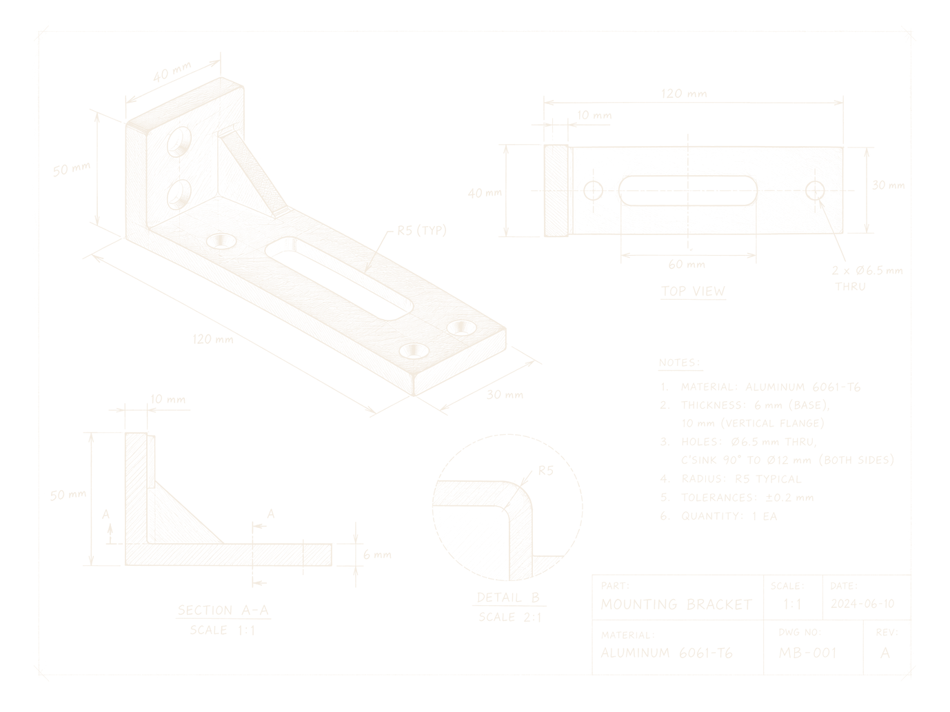 Chalk technical drawing of an aluminium mounting bracket: an isometric view with dimensions, a top view with its 60 mm slot and two 6.5 mm holes, section A-A, a detail of the R5 radius, the notes and the title block.