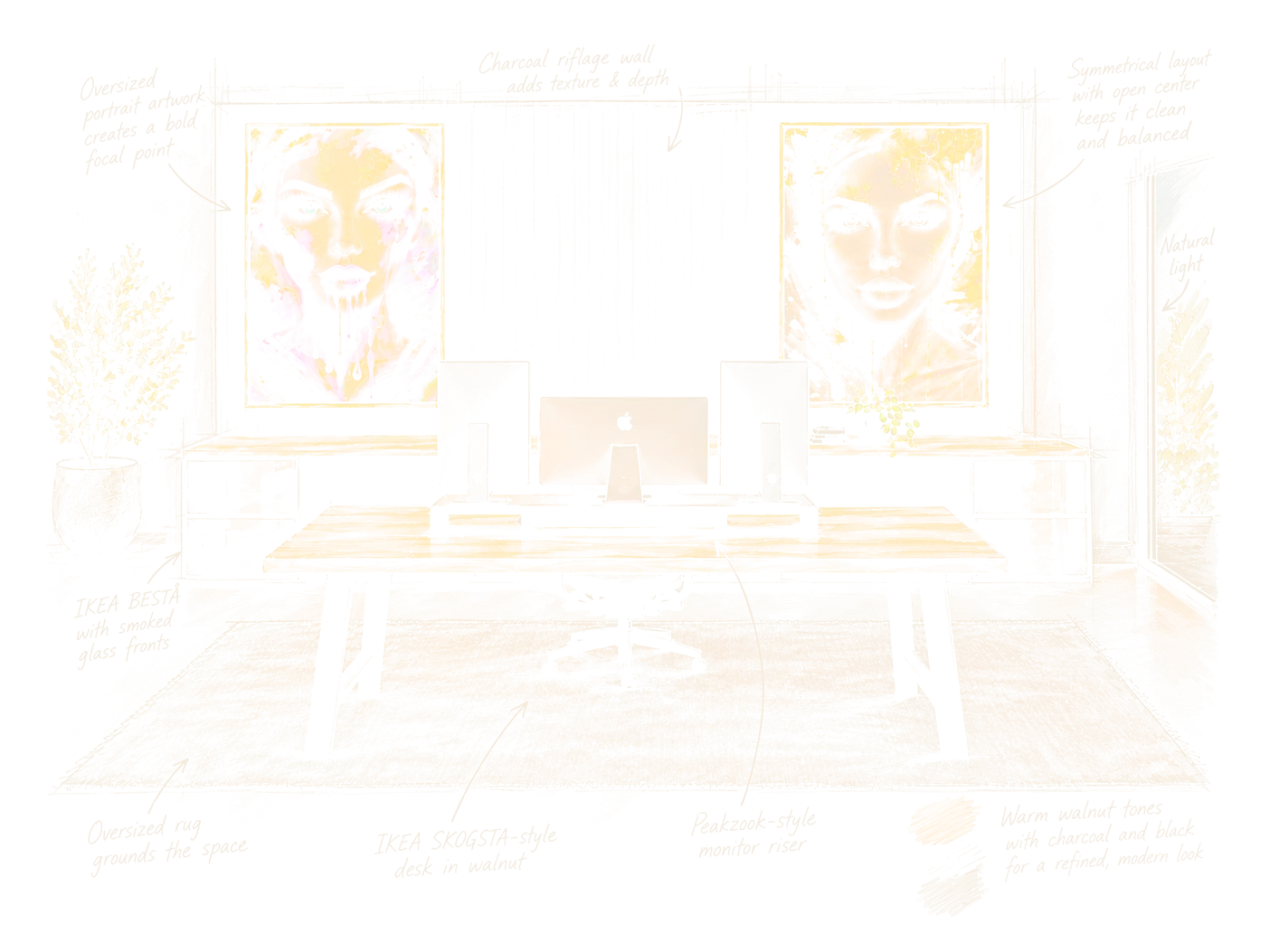 Concept board for a studio office, a walnut desk with three monitors, a charcoal slatted wall and two oversized portraits with handwritten-style notes, turning into a photograph of the finished room.