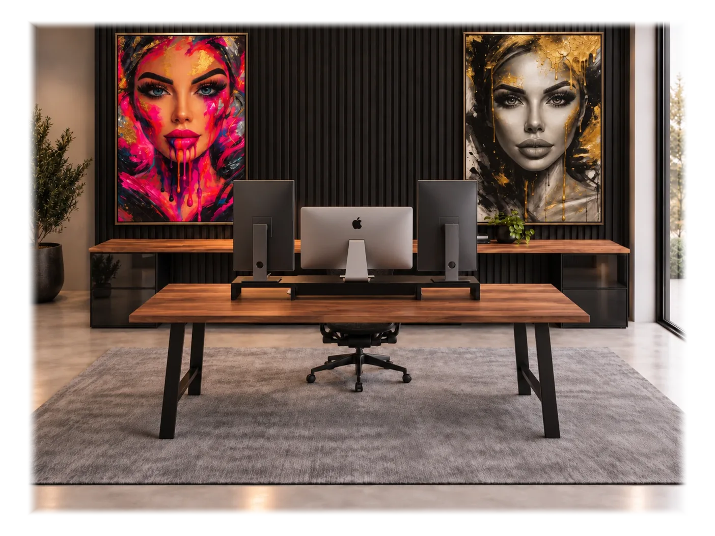 Photograph of the finished studio office: a walnut desk with three monitors on a riser, a charcoal slatted wall with the two oversized portraits, smoked-glass cabinets and a grey rug.