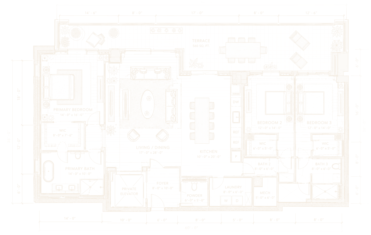 Floor plan of a three-bedroom penthouse residence with terrace, open living and dining room and kitchen.