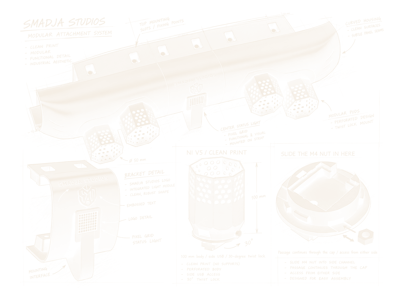Engineering sheet for the studio's modular sim-rig attachment system: a curved housing with perforated pods, a pixel-grid status light and a bracket bearing the Smadja Studios mark.