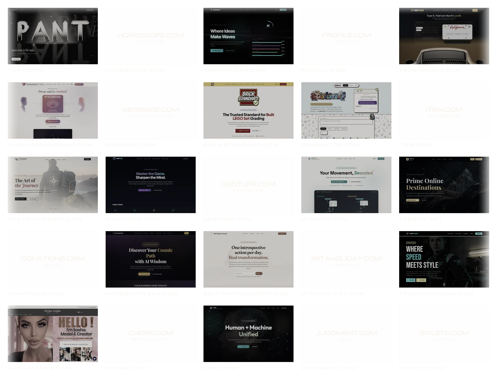 The studio's web destinations portfolio, 25 domains: Pant.com, Horoscope.com, DeepSplash.com, Profile.com, TagsTrader.com, AnonymousCrush.com, Message.com, BrickStandard.com, Genslator.com, Item.com, TravelApparel.com, GameMind.com, Gesture.com, HUMOEN.com, TopSite.net, conXtions.com, HoroscopeZen.com, Self-Improvement.com, IsitaHoliday.com, TrackFashions.com, SashaLexha.com, Chore.com, LHHF.com, Judgment.com and Stileto.com.